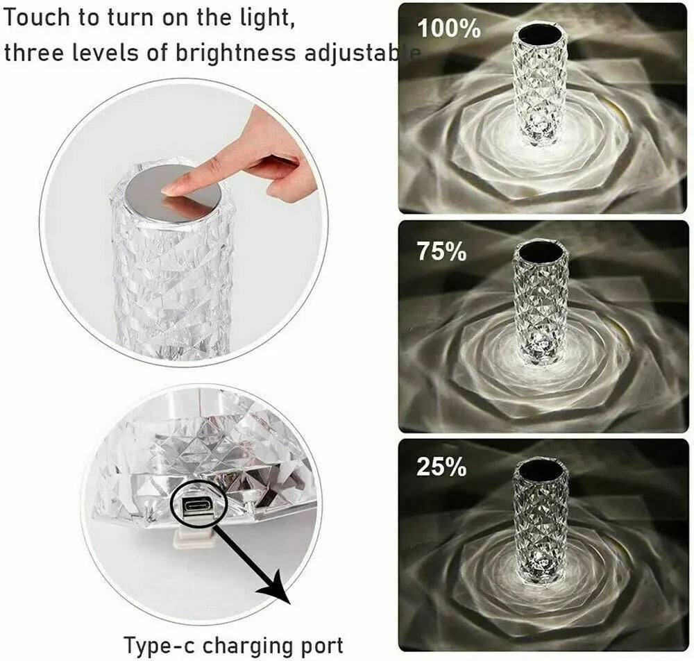 LED Crystal Table Lamp Diamond Rose Night Light Touch BloomIris
